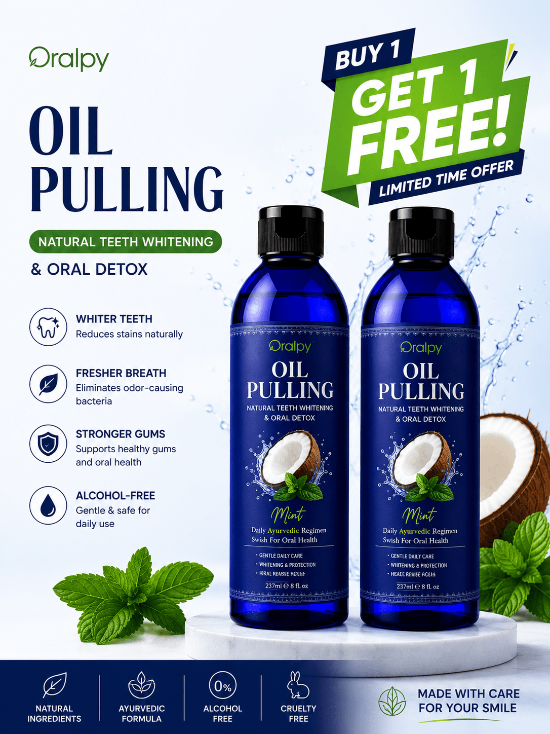 🎁 Coconut Oil Pulling Mouthwash – Natural Oral Detox and Fresh Breath | Buy 1 Get 1 Free (100% off) - Oralpy