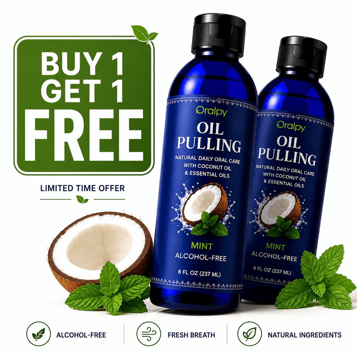 Coconut Oil Pulling Mouthwash – Natural Oral Detox and Fresh Breath | Buy 1 Get 1 Free - Oralpy